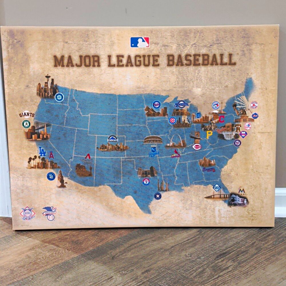 MLB Major League Baseball USA Map Horizontal Canvas Art, 24"W x 18"L x 1.5"D